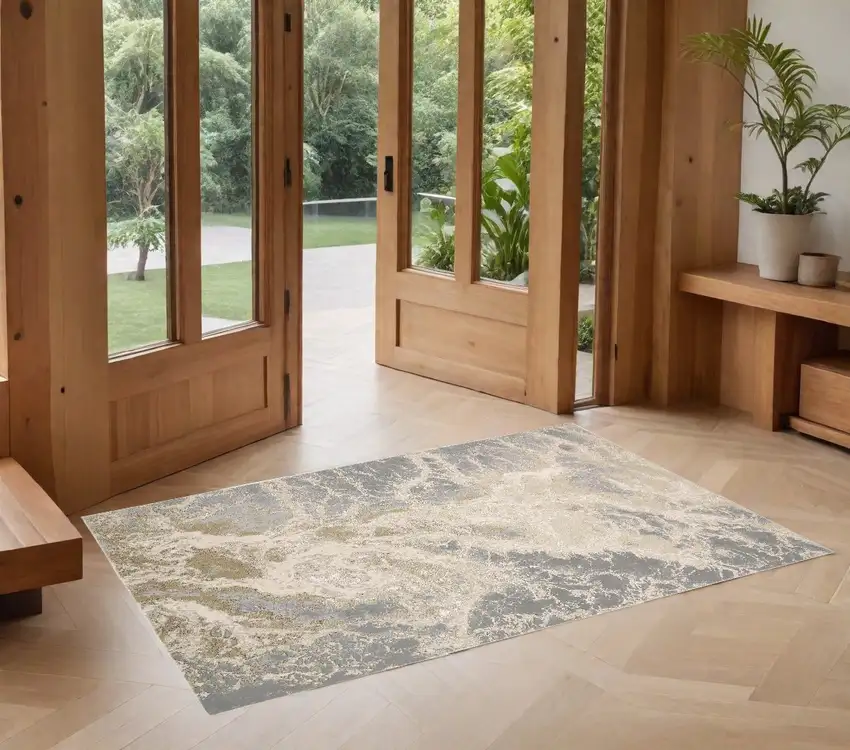 Ivory Silver And Gold Abstract Stain Resistant Area Rug Photo 1