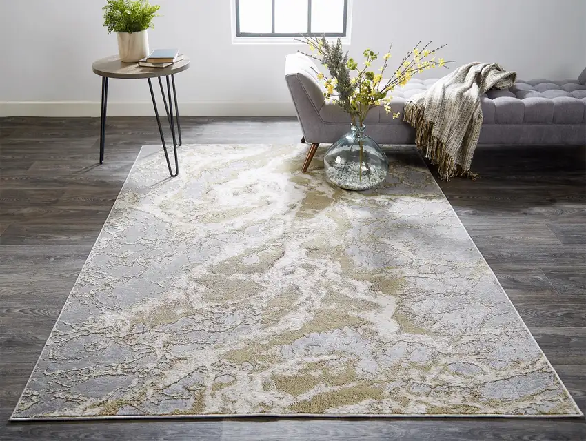 Ivory Silver And Gold Abstract Stain Resistant Area Rug Photo 3
