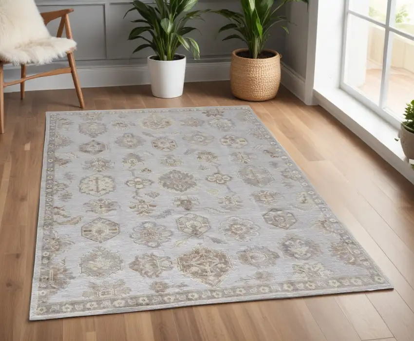 Gray and Ivory Floral Hand Knotted Area Rug Photo 1