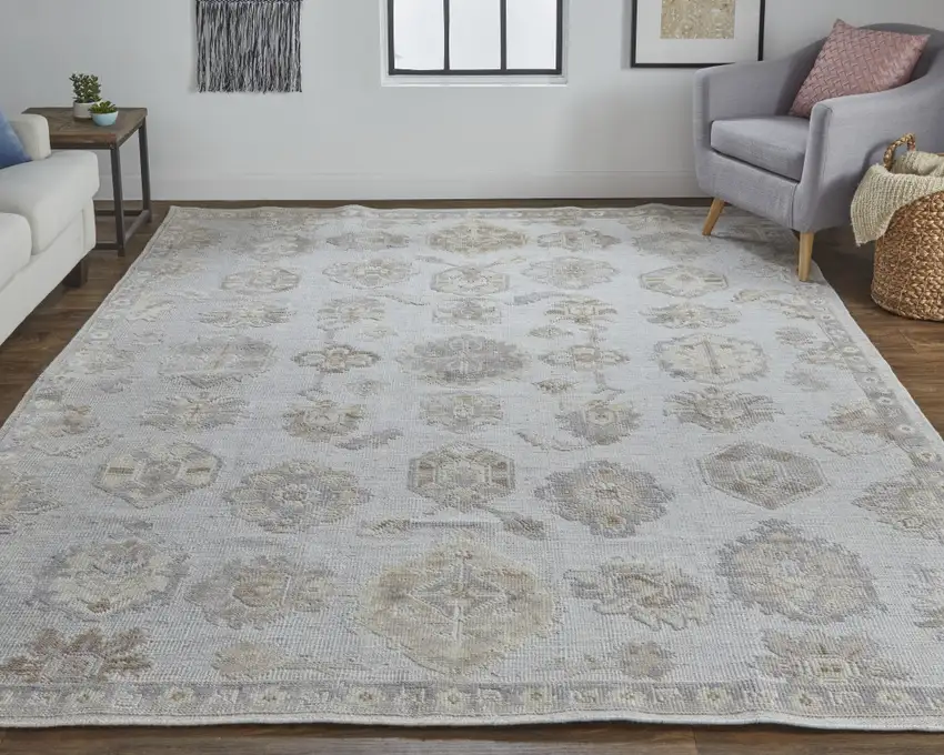 Ivory Silver And Tan Floral Hand Knotted Stain Resistant Area Rug Photo 5