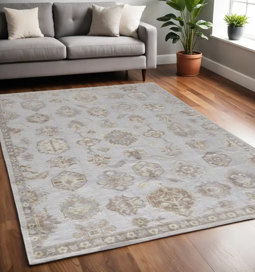 Gray and Ivory Floral Hand Knotted Area Rug Photo 1