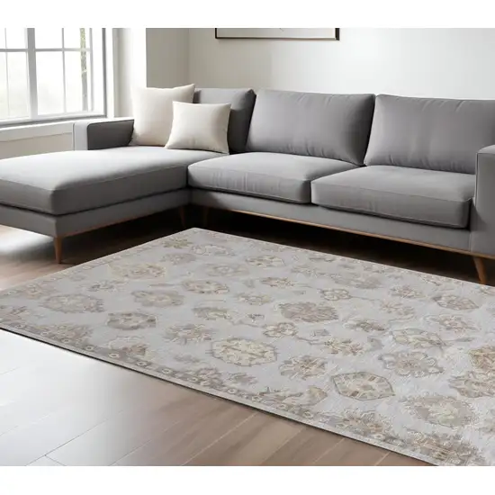 Ivory Silver And Tan Floral Hand Knotted Stain Resistant Area Rug Photo 1