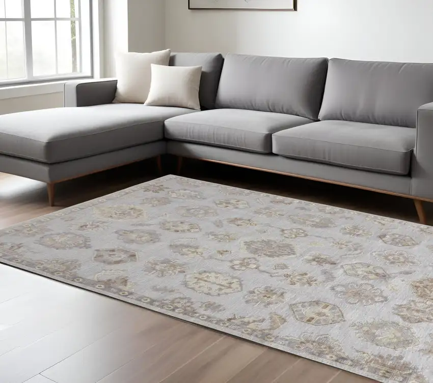 Ivory Silver And Tan Floral Hand Knotted Stain Resistant Area Rug Photo 1