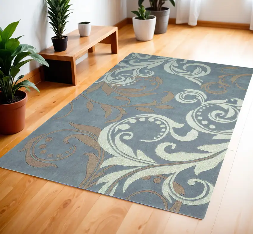Ivory Slate Blue and Taupe Floral Area Rug Photo 1