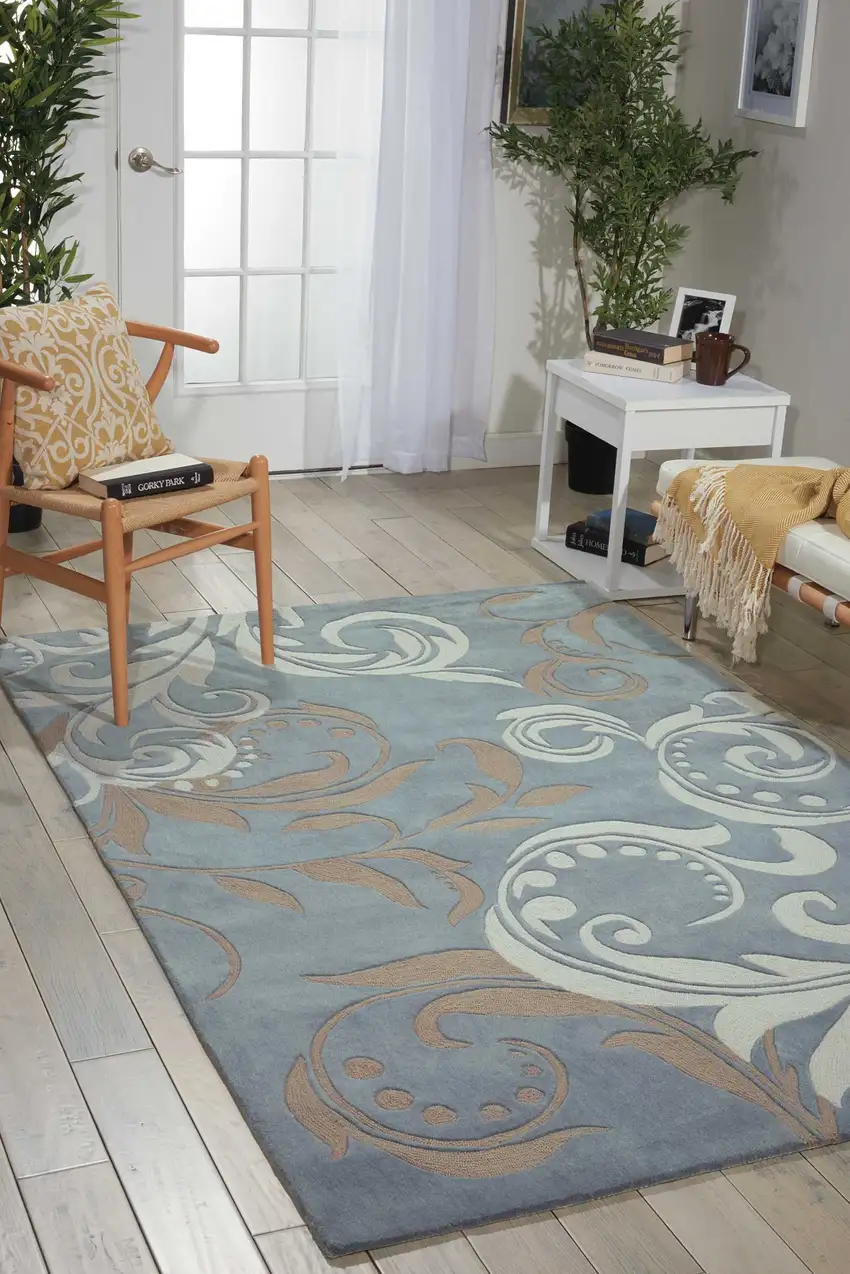 Ivory Slate Blue and Taupe Floral Area Rug Photo 4