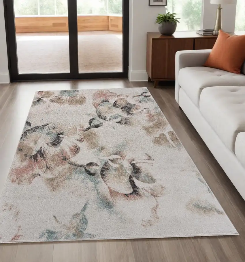 Ivory Soft Floral Artwork Area Rug Photo 2