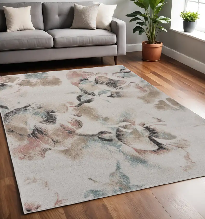Ivory Soft Floral Artwork Area Rug Photo 1