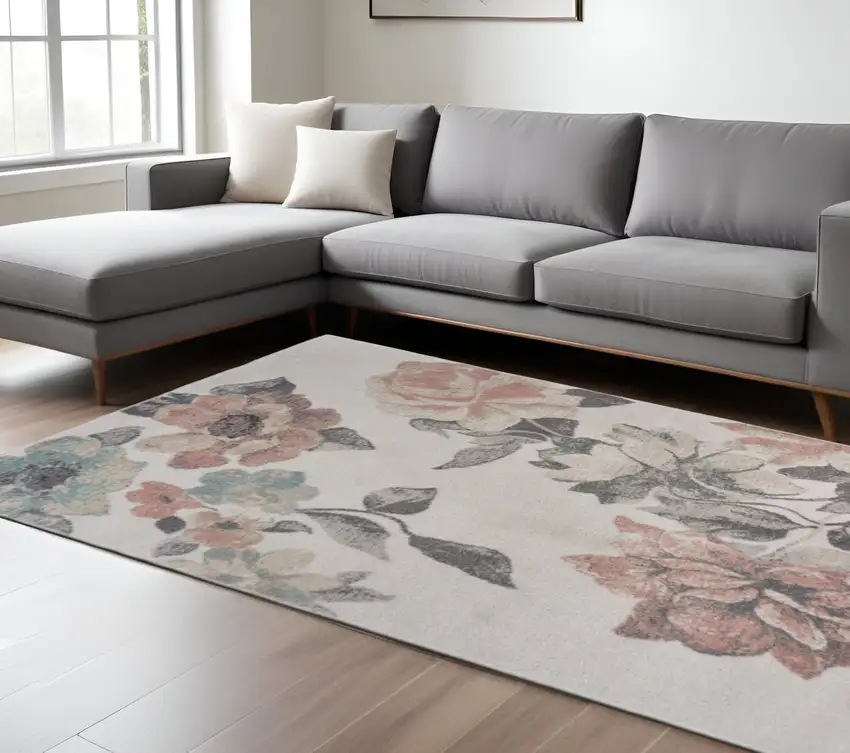 Ivory Soft Floral Artwork Area Rug Photo 1