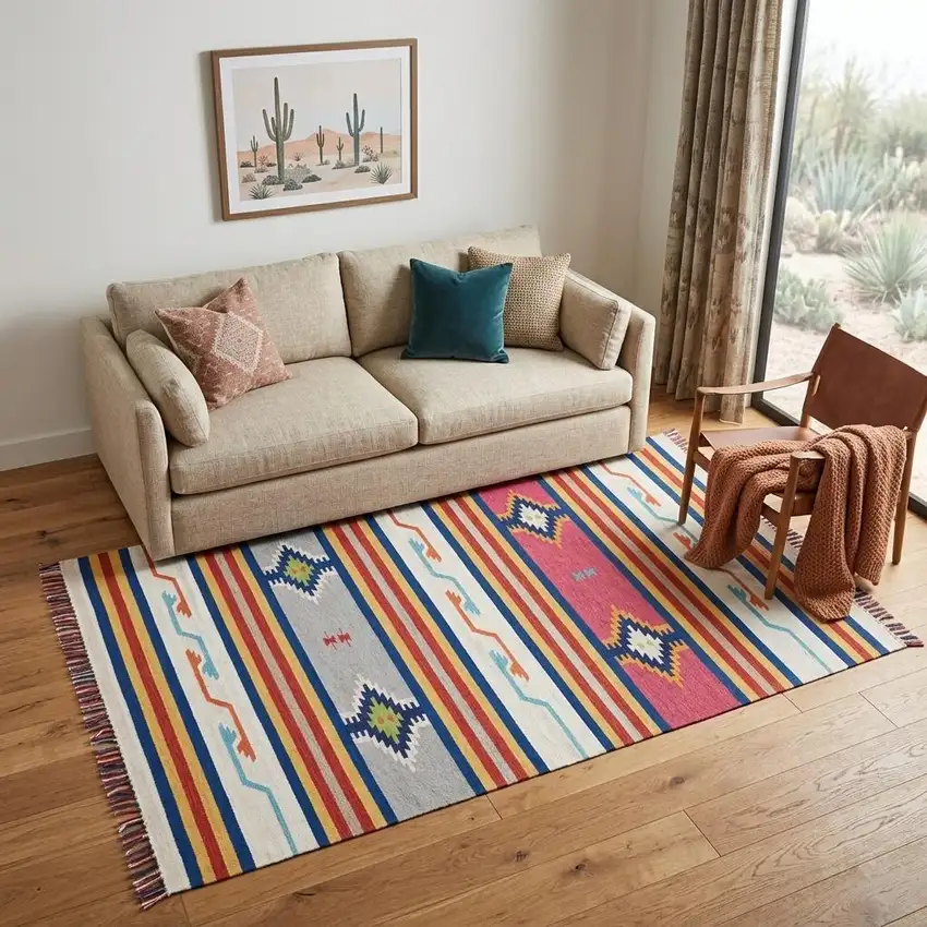 Ivory Southwestern Handmade Area Rug With Fringe Photo 1