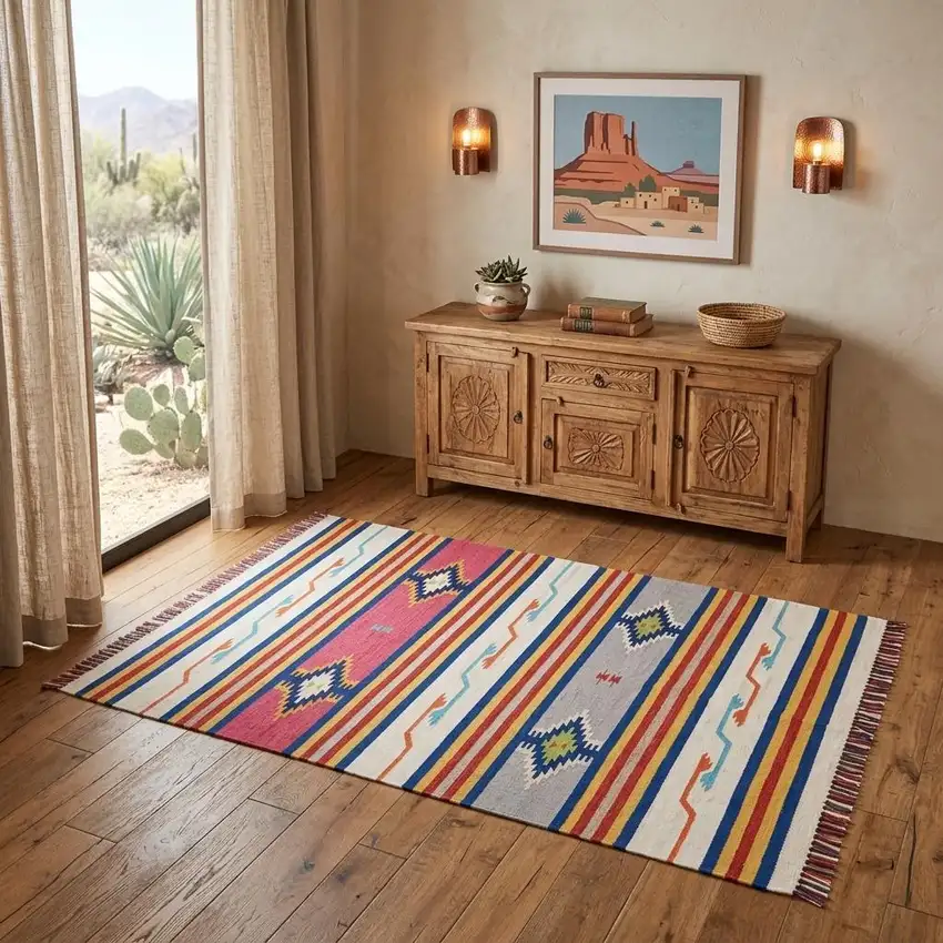 Ivory Southwestern Handmade Area Rug With Fringe Photo 1