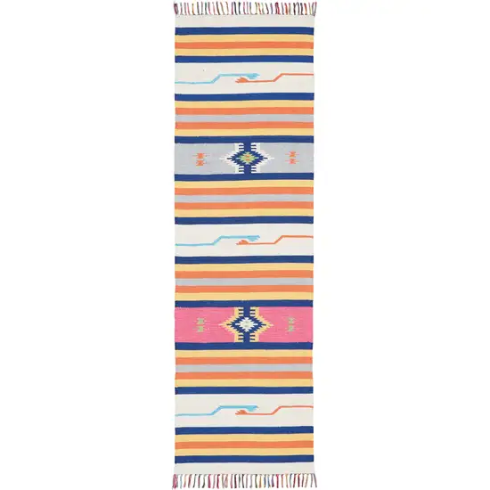 8' Ivory Southwestern Handmade Runner Rug With Fringe Photo 1