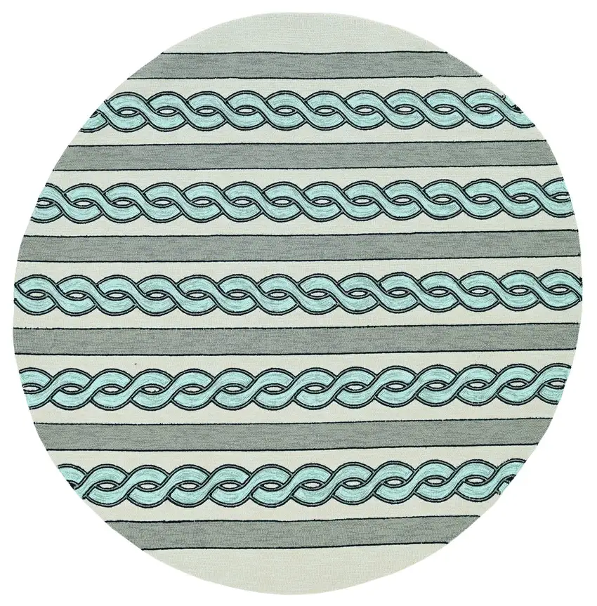 Ivory Spa Hand Hooked UV Treated Cable Stitch Round Indoor Outdoor Area Rug Photo 1