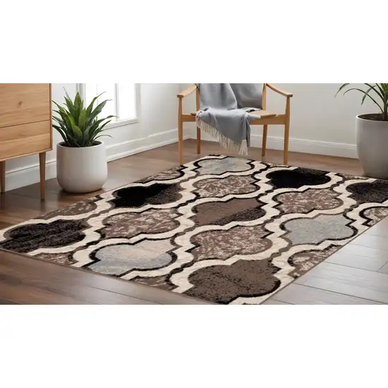 5' Ivory Brown And Black Quatrefoil Distressed Square Rug Photo 1