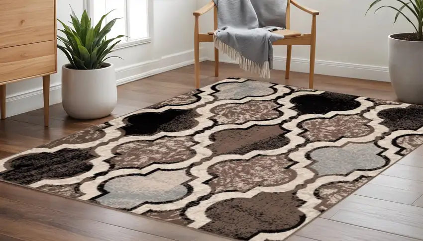 5' Ivory Brown And Black Quatrefoil Distressed Square Rug Photo 1