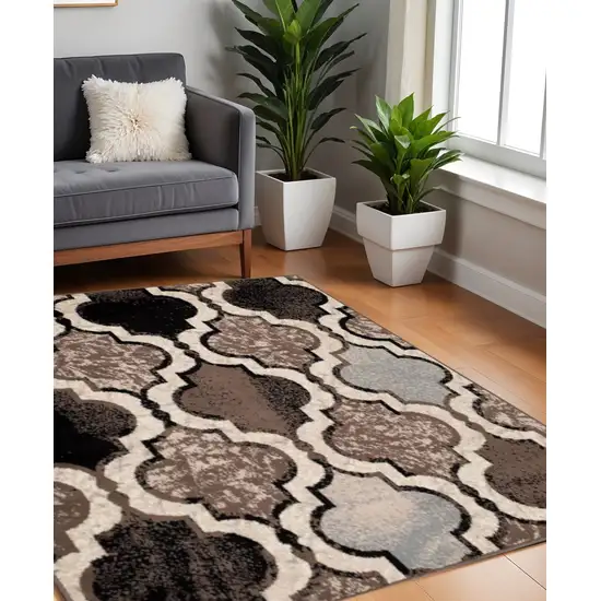 8' Ivory Brown And Black Quatrefoil Distressed Square Rug Photo 1