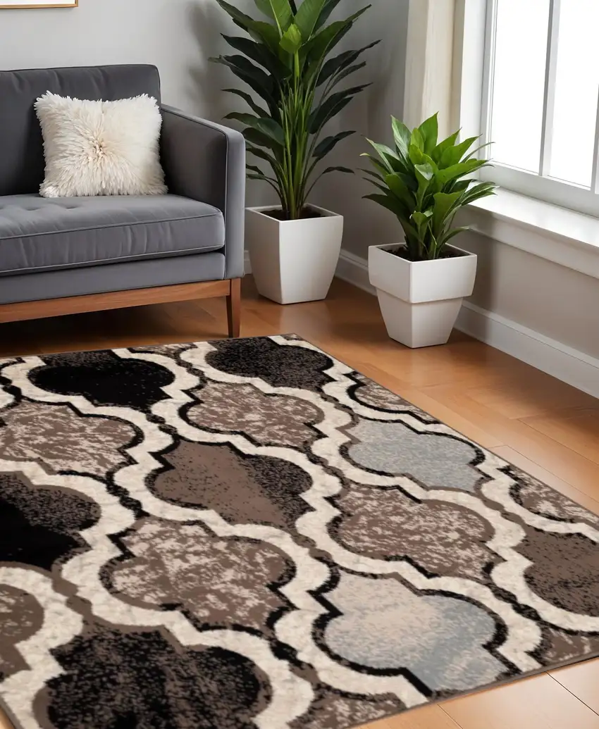 8' Ivory Brown And Black Quatrefoil Distressed Square Rug Photo 1