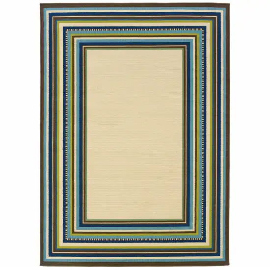 Ivory Striped Stain Resistant Indoor Outdoor Area Rug Photo 1