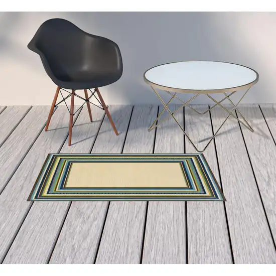 Ivory Striped Stain Resistant Indoor Outdoor Area Rug Photo 2