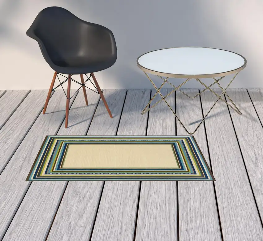 Ivory Striped Stain Resistant Indoor Outdoor Area Rug Photo 2