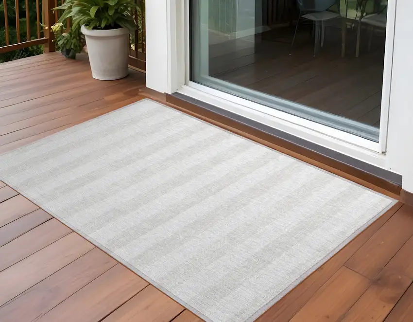 Ivory Striped Washable Indoor Outdoor Area Rug Photo 1