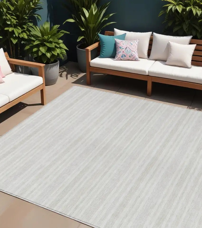 Ivory Striped Washable Indoor Outdoor Area Rug Photo 1
