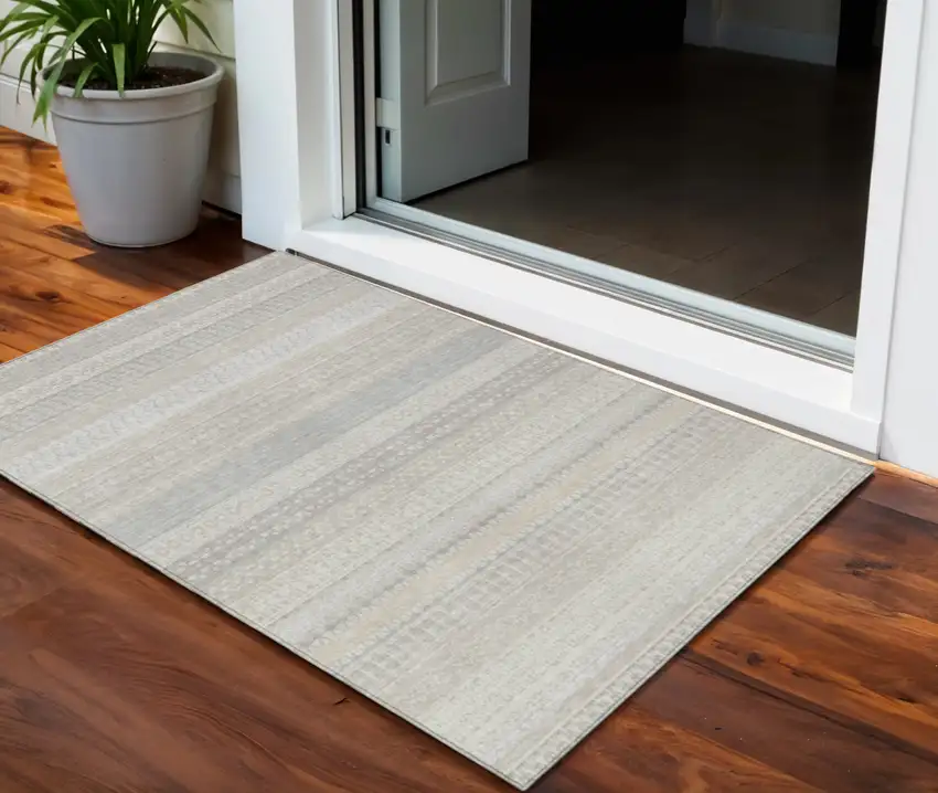 Ivory Striped Washable Non Skid Indoor Outdoor Area Rug Photo 1