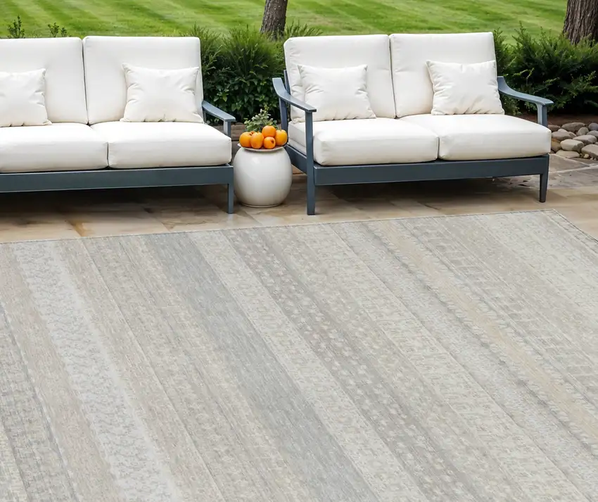Ivory Striped Washable Non Skid Indoor Outdoor Area Rug Photo 1