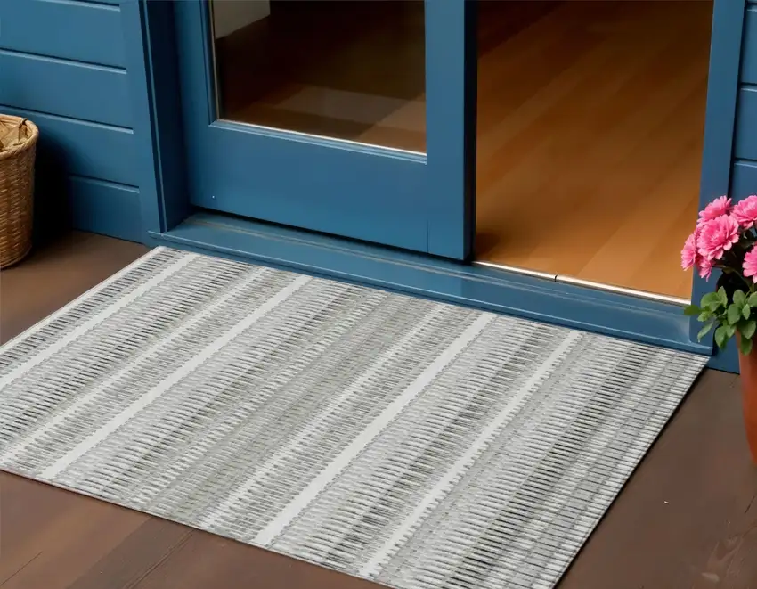 Ivory Striped Washable Non Skid Indoor Outdoor Area Rug Photo 1