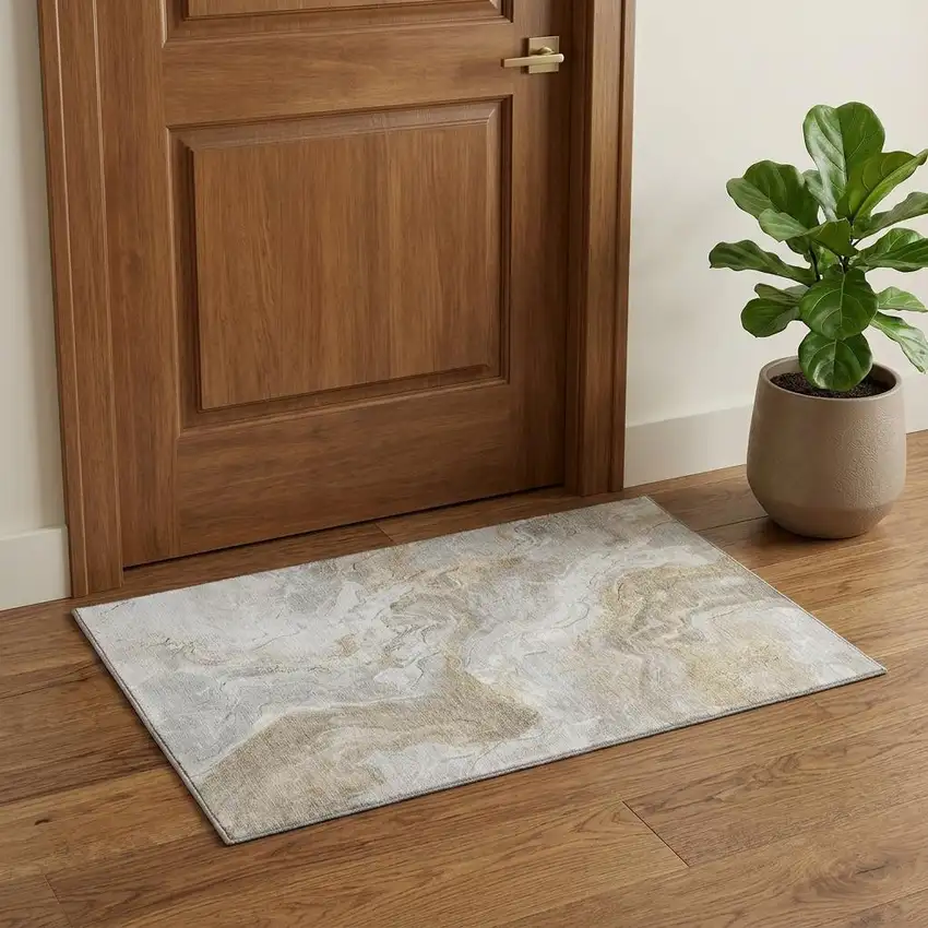 Ivory Tan And Beige Abstract Washable Area Rug With UV Protection Photo 1