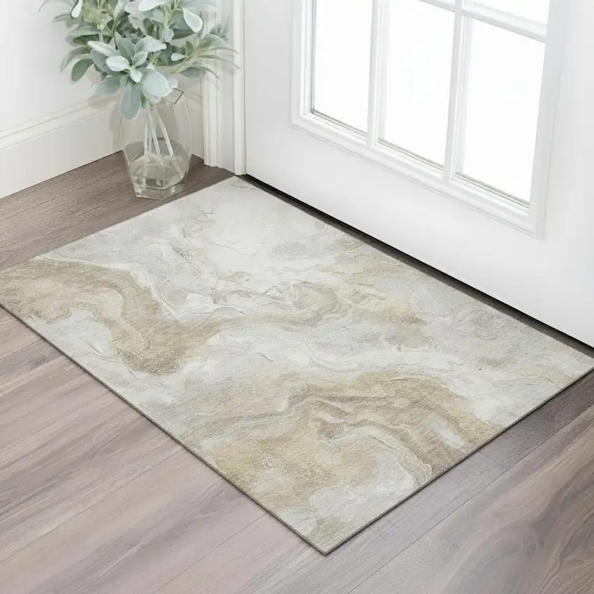 Ivory Tan And Beige Abstract Washable Area Rug With UV Protection Photo 2