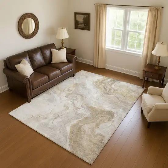 Ivory Tan And Beige Abstract Washable Area Rug With UV Protection Photo 4