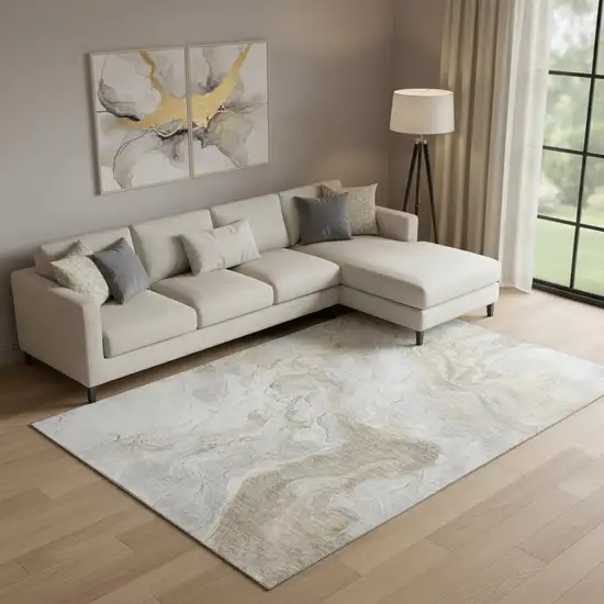 Ivory Tan And Beige Abstract Washable Area Rug With UV Protection Photo 2