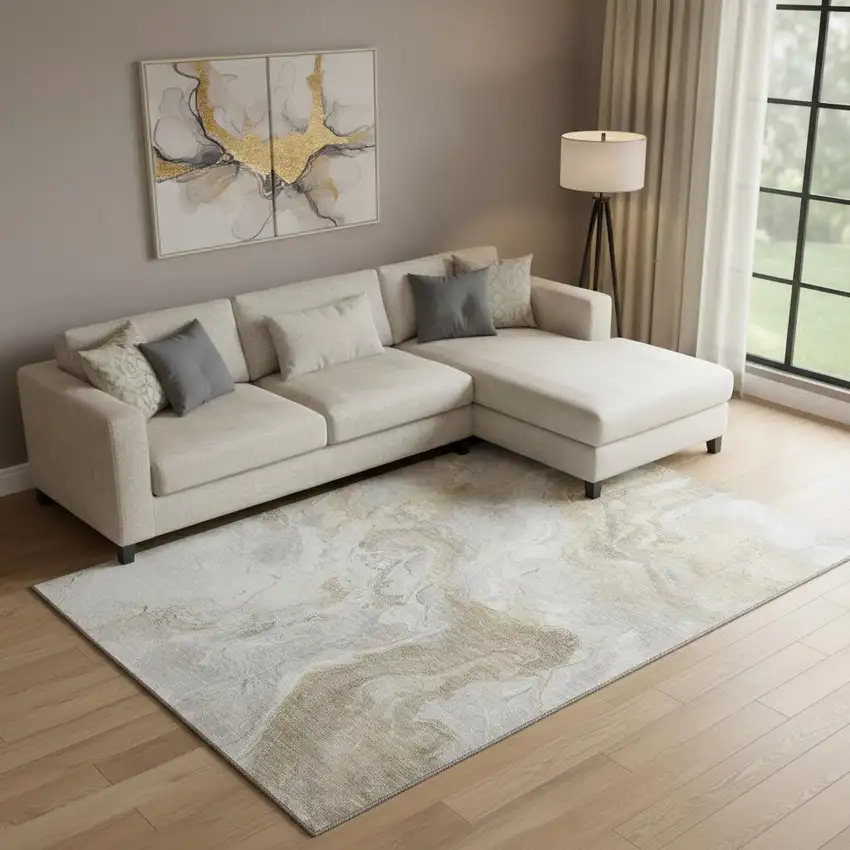 Ivory Tan And Beige Abstract Washable Area Rug With UV Protection Photo 2