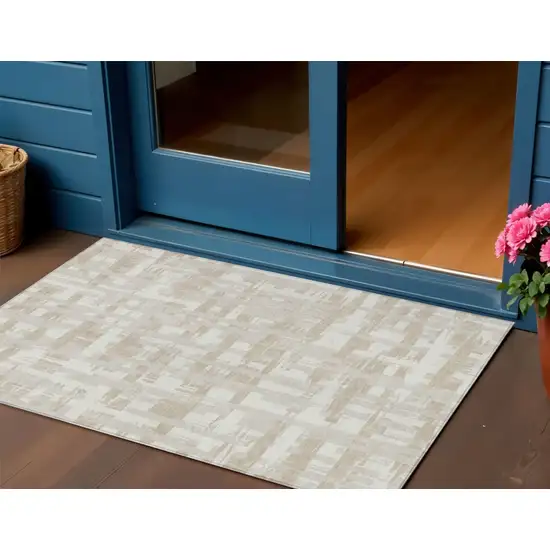 Ivory Tan And Beige Striped Washable Indoor Outdoor Area Rug Photo 2
