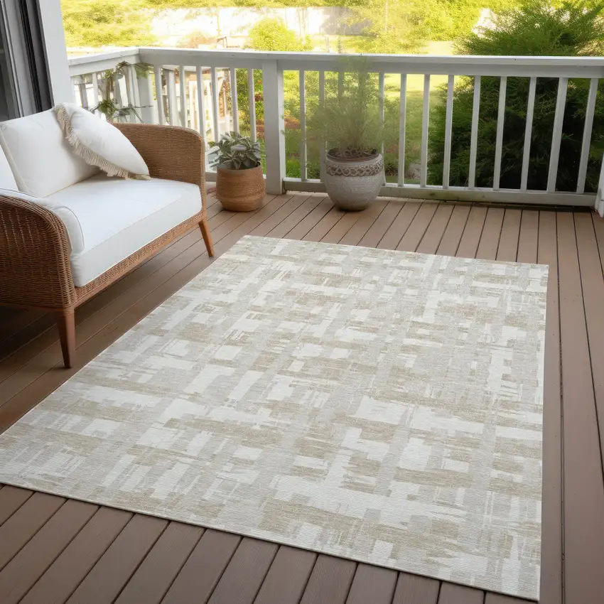 Ivory Tan And Beige Striped Washable Indoor Outdoor Area Rug Photo 6