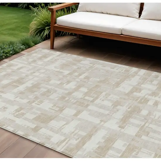 Ivory Tan And Beige Striped Washable Indoor Outdoor Area Rug Photo 2