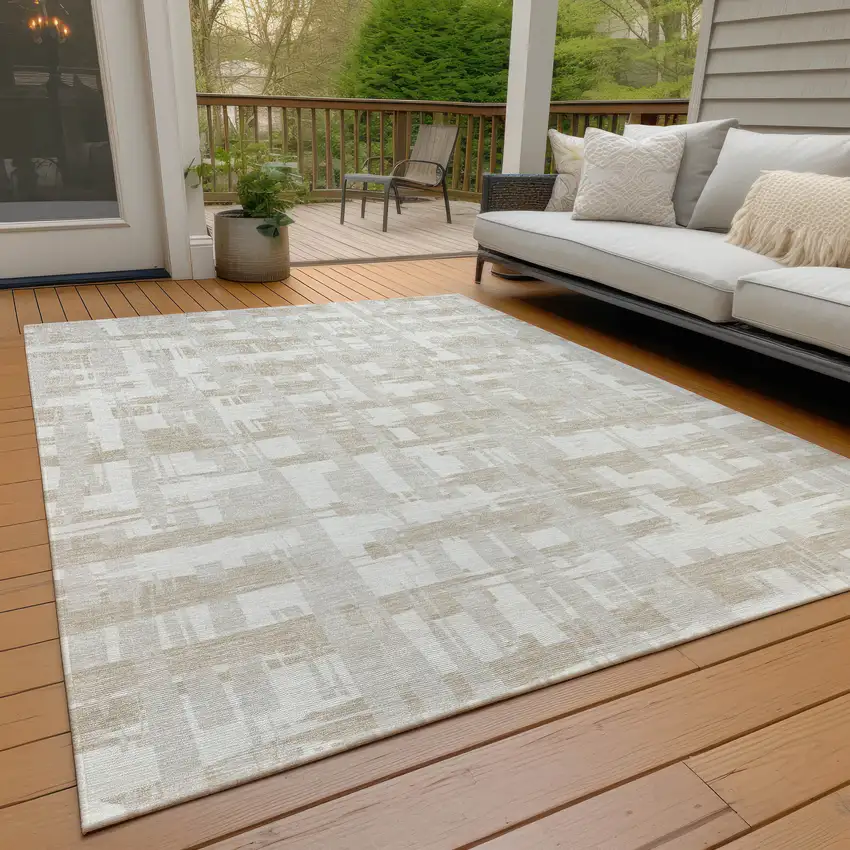 Ivory Tan And Beige Striped Washable Indoor Outdoor Area Rug Photo 9