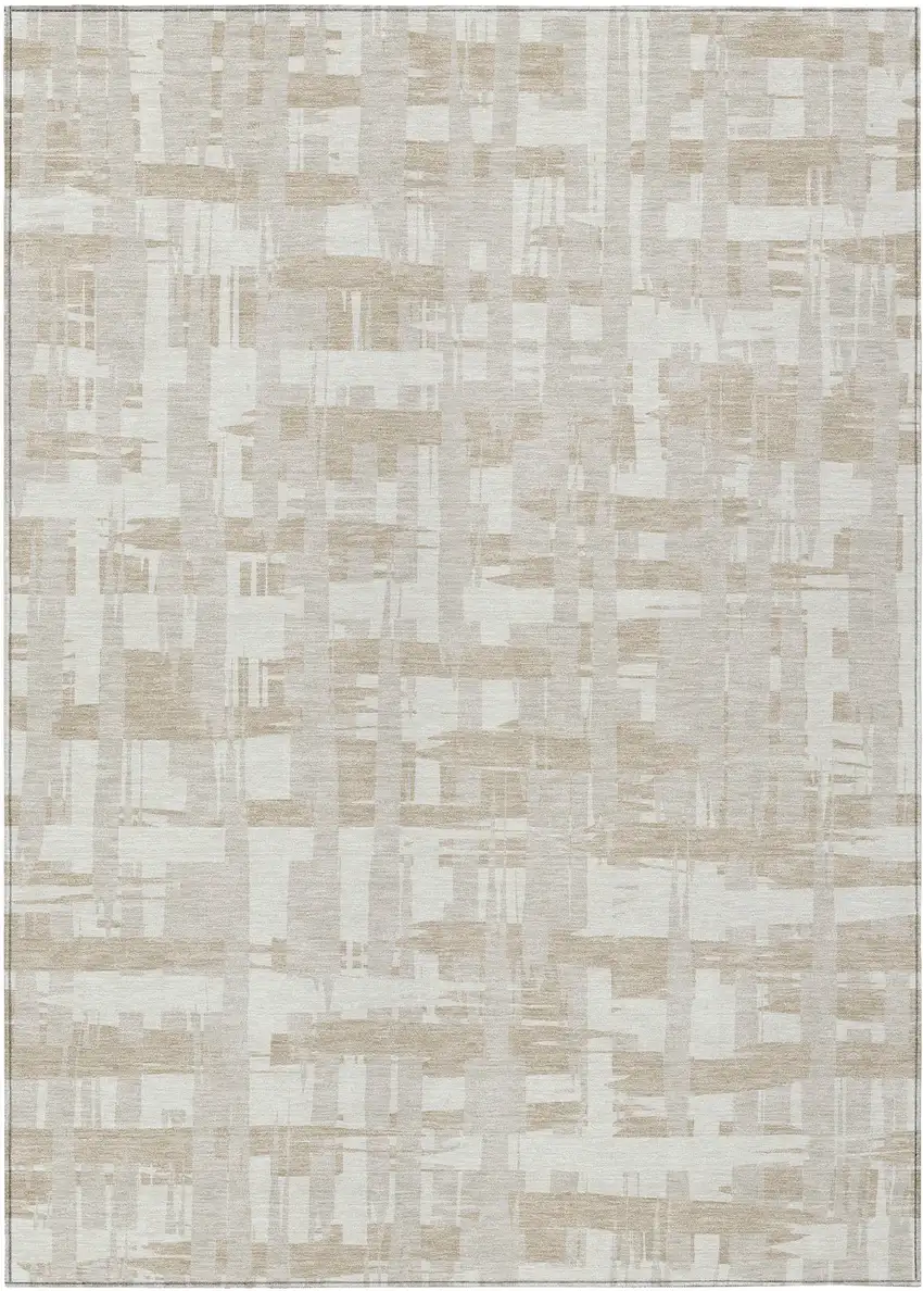 Ivory Tan And Beige Striped Washable Indoor Outdoor Area Rug Photo 1