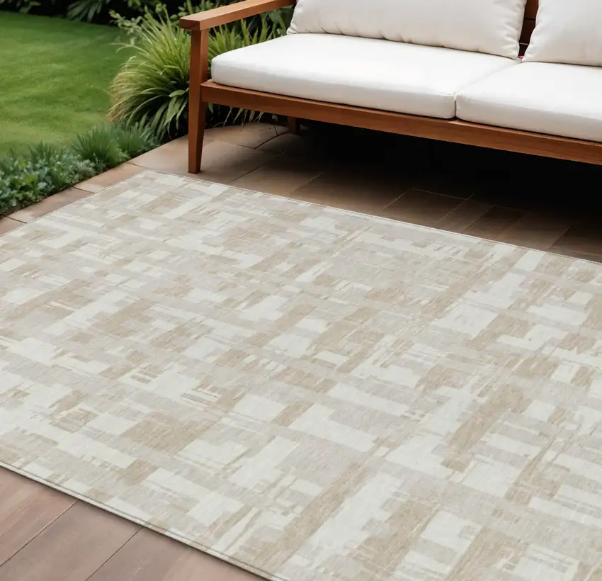 Ivory Tan And Beige Striped Washable Indoor Outdoor Area Rug Photo 2