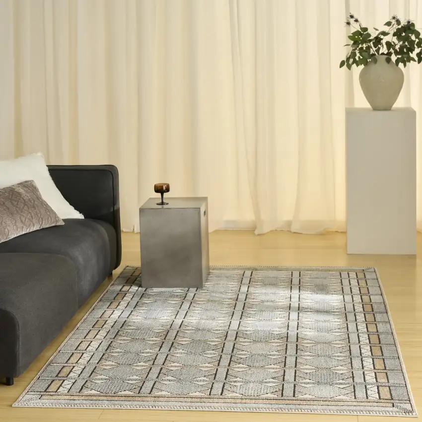 Ivory Tan And Black Geometric Area Rug Photo 7