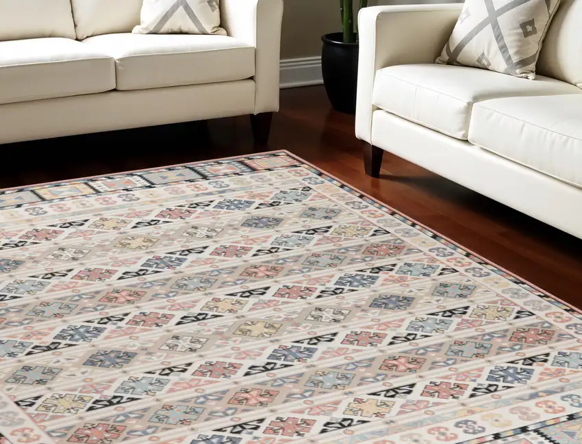 Ivory Tan And Black Geometric Flatweave Area Rug Photo 1