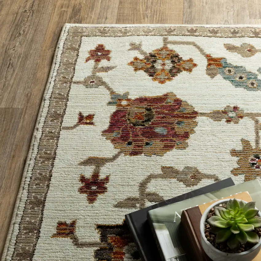 Ivory Tan And Black Oriental Area Rug Photo 5