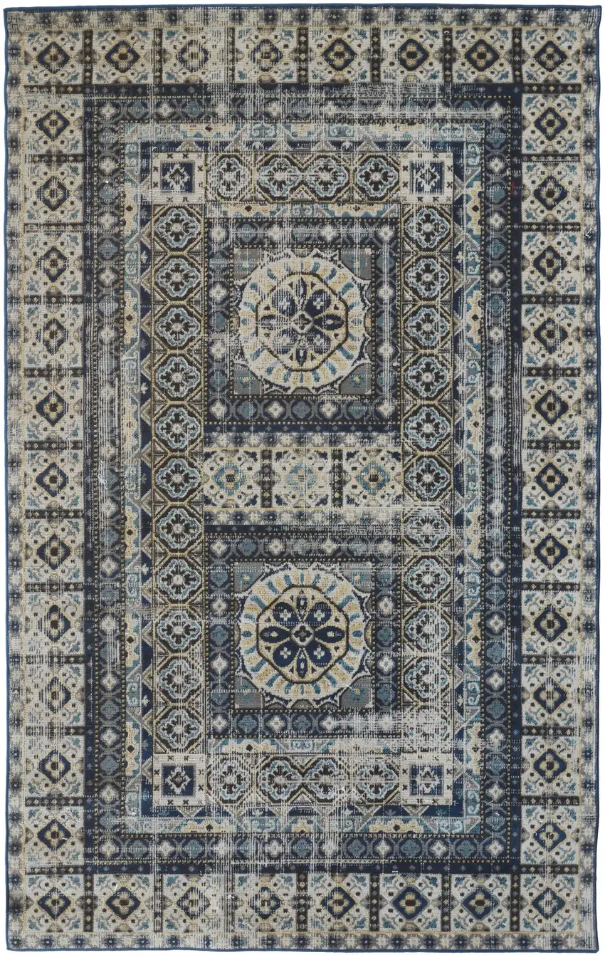 Ivory Tan And Blue Abstract Power Loom Distressed Stain Resistant Area Rug Photo 1