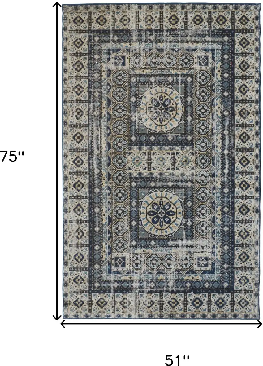 Ivory Tan And Blue Abstract Power Loom Distressed Stain Resistant Area Rug Photo 4