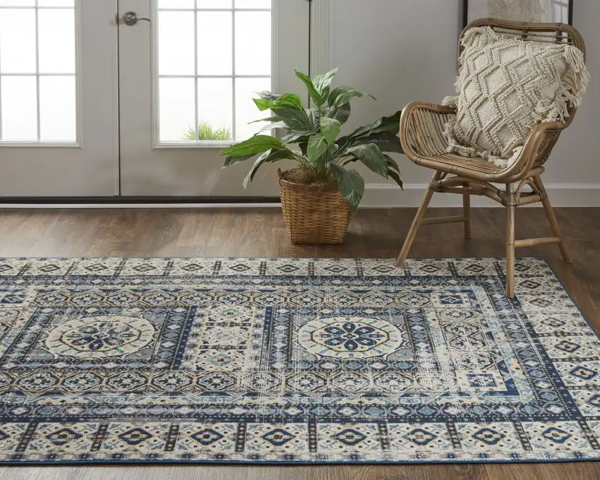 Ivory Tan And Blue Abstract Power Loom Distressed Stain Resistant Area Rug Photo 9