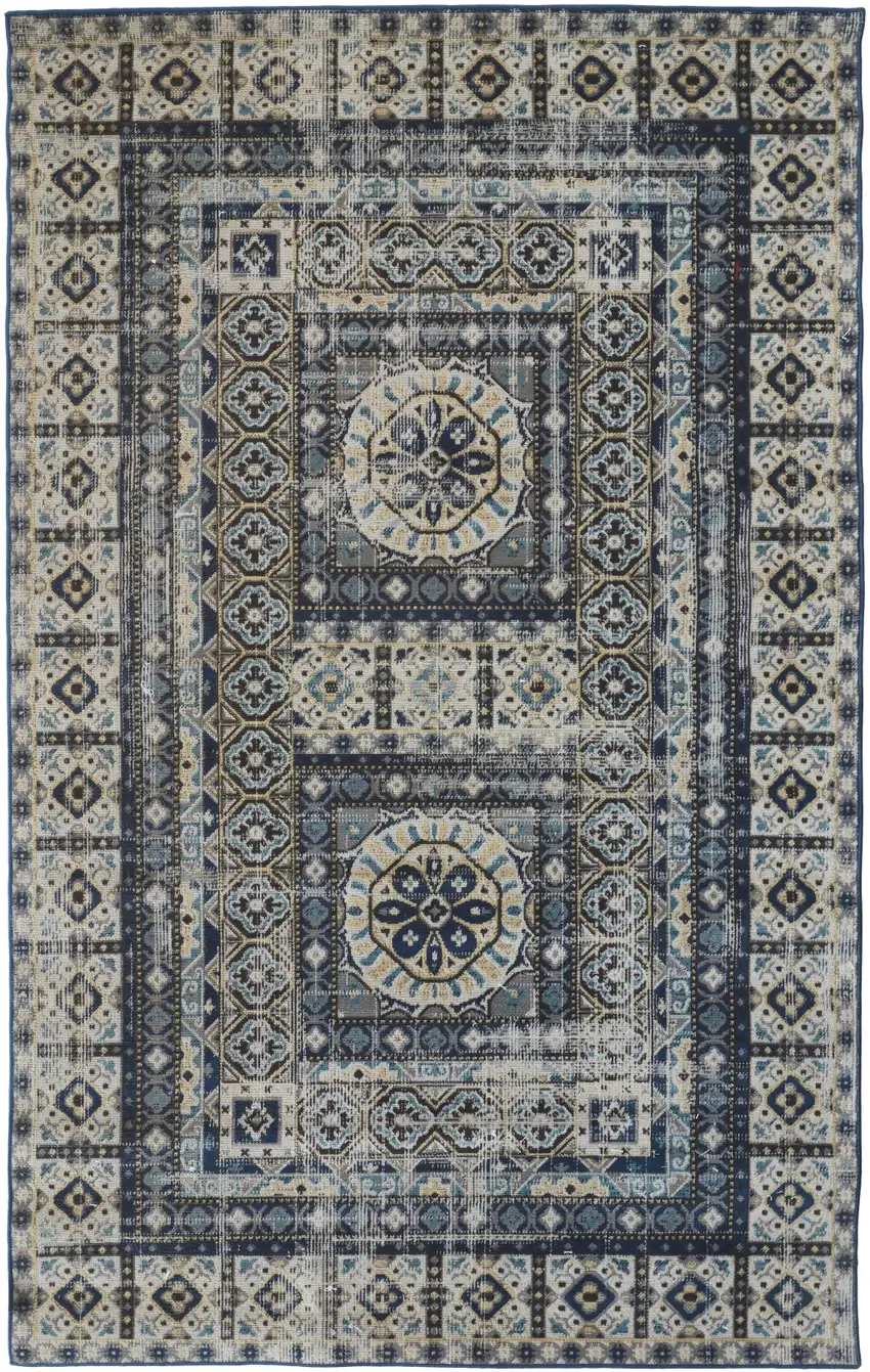 Ivory Tan And Blue Abstract Power Loom Distressed Stain Resistant Area Rug Photo 1