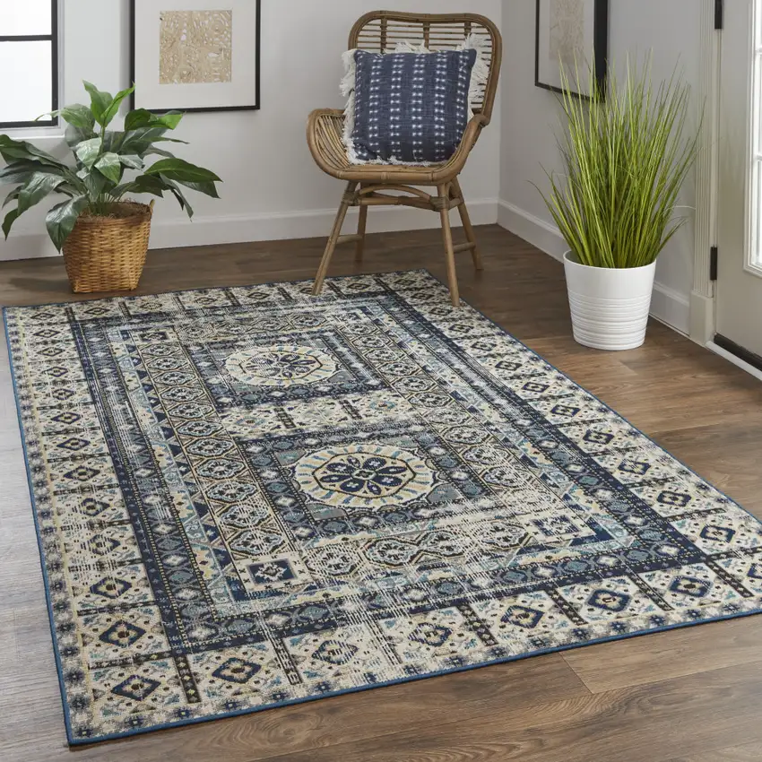 Ivory Tan And Blue Abstract Power Loom Distressed Stain Resistant Area Rug Photo 7
