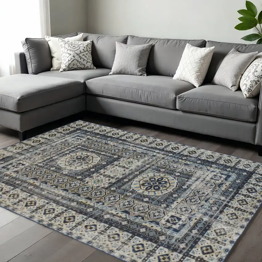 Ivory And Blue Medallion Distressed Area Rug Photo 1