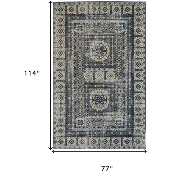 Ivory And Blue Medallion Distressed Area Rug Photo 3