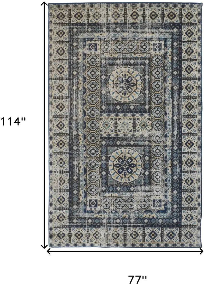 Ivory And Blue Medallion Distressed Area Rug Photo 3